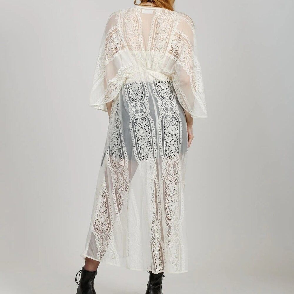 Band of the Free Lace Kimono Boho Duster Ivory Sheer Maxi Festival Beach Coverup - Picture 2 of 7